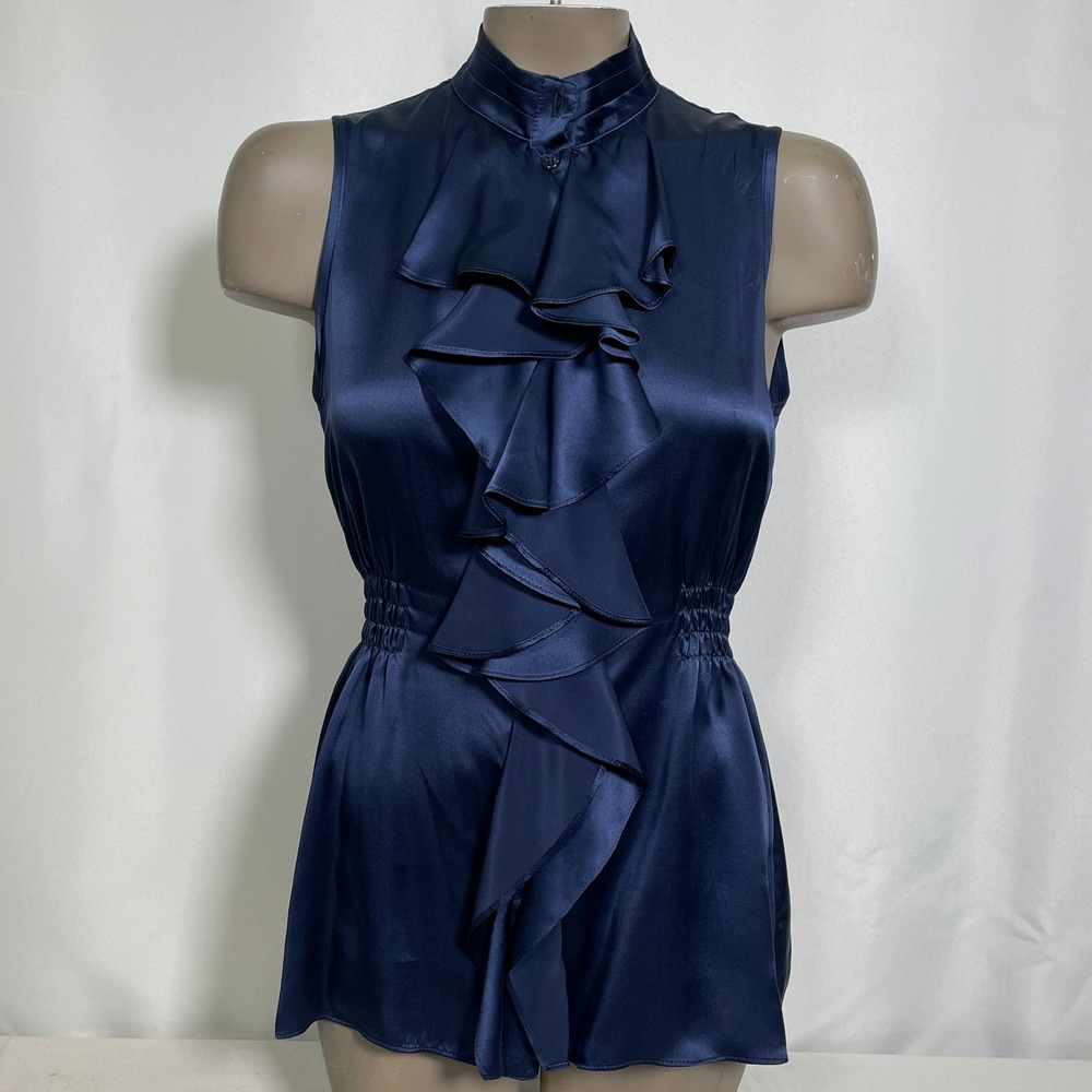 ABS Allen Schwartz 100% Silk Ruffle Smocked Navy Blue Peplum Blouse Women's XS